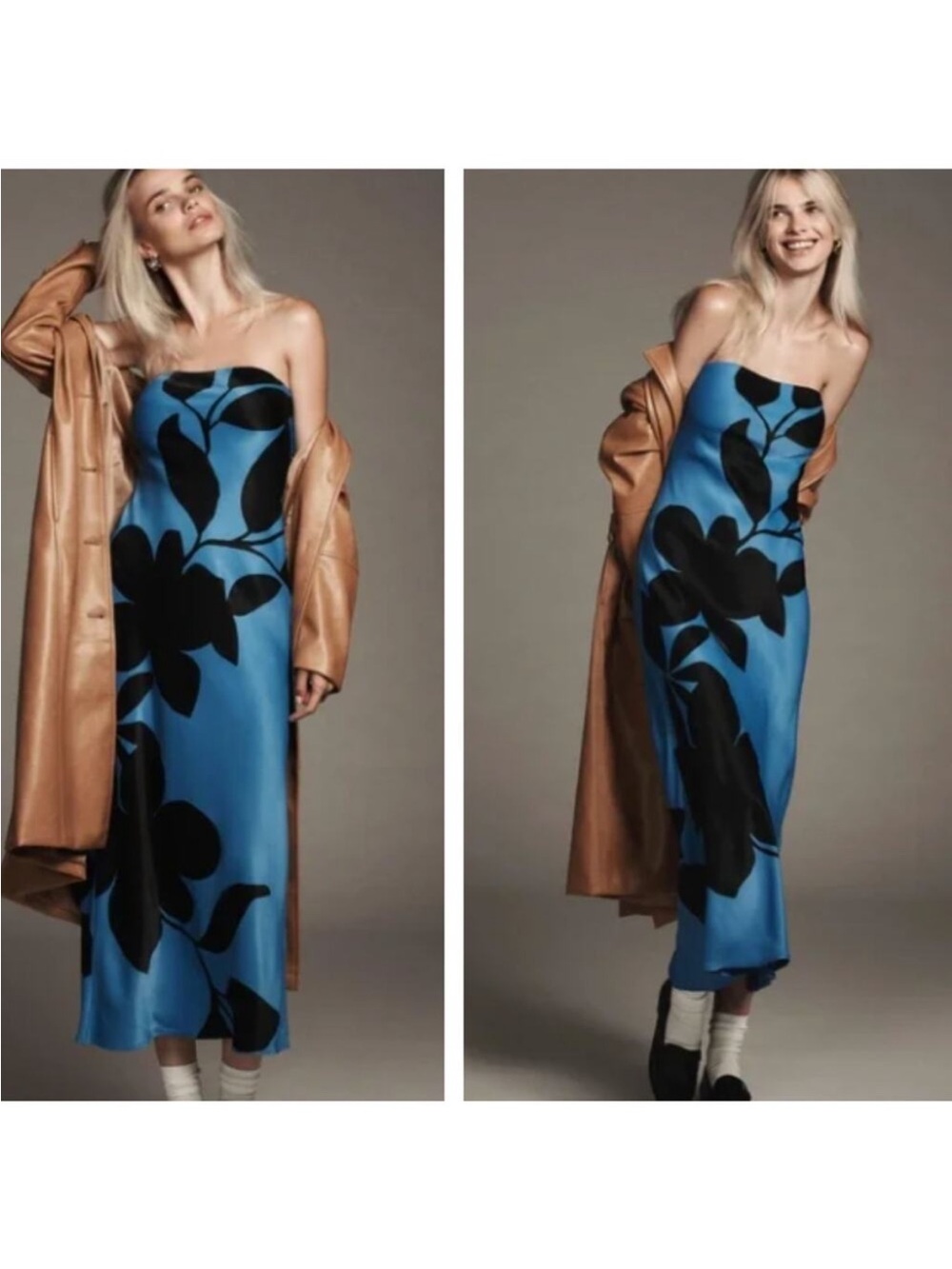 ANTHROPOLOGIE Tilda Slip Maxi Dress Blue Black Floral Size Large Petite